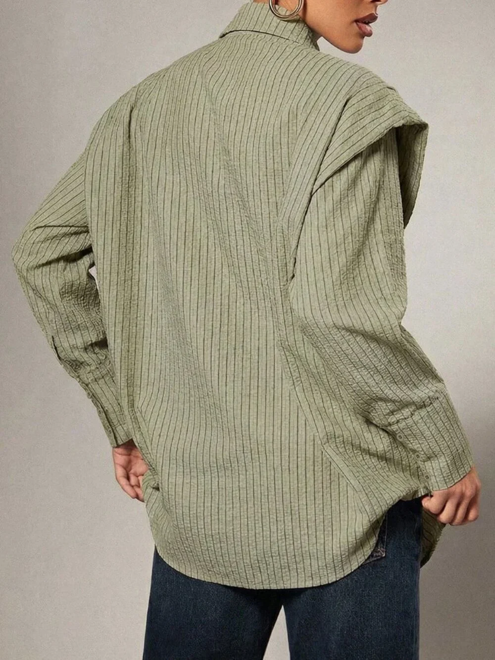 Multicolor Casual Women's Tie Front Exaggerated Shoulder Striped Shirt